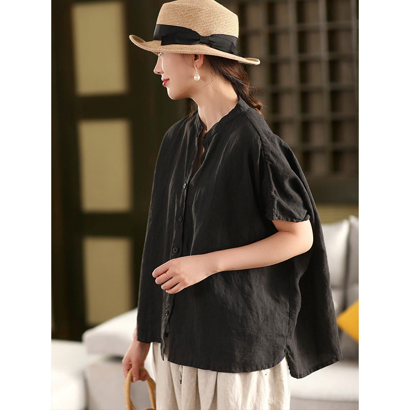 Korean-style Artistic Cotton-linen Short-sleeve Shirt Top