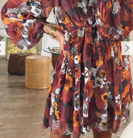Printed V-neck Puff Sleeve Dress