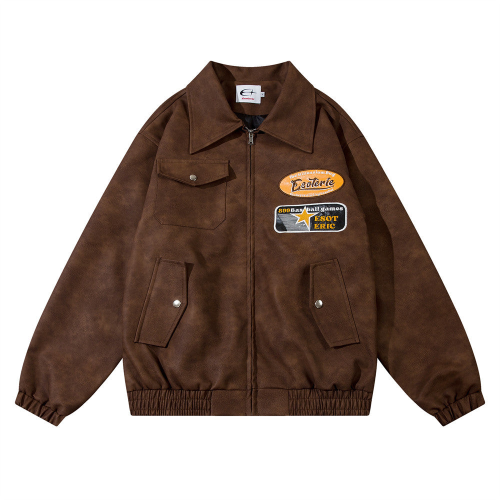 Embroidered Letters Pu Leather Coat Men