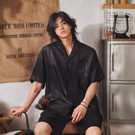High-End Pleated Cuban Collar Short-Sleeve Shirt For Men Summer Style