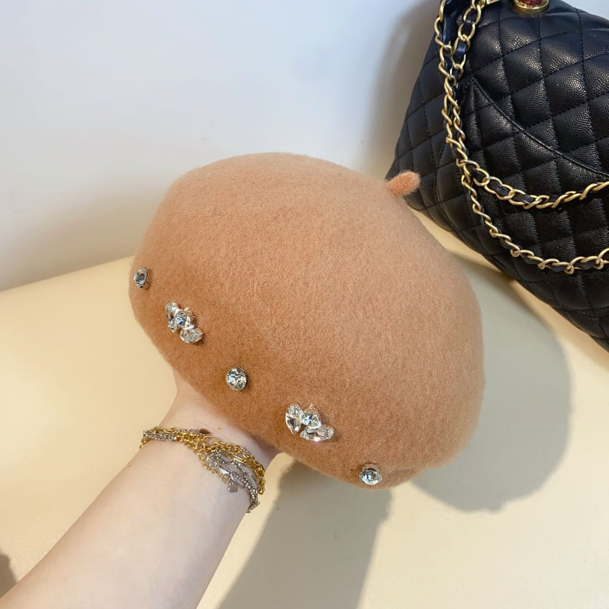 Women's Autumn And Winter British Rhinestone Wool Beret