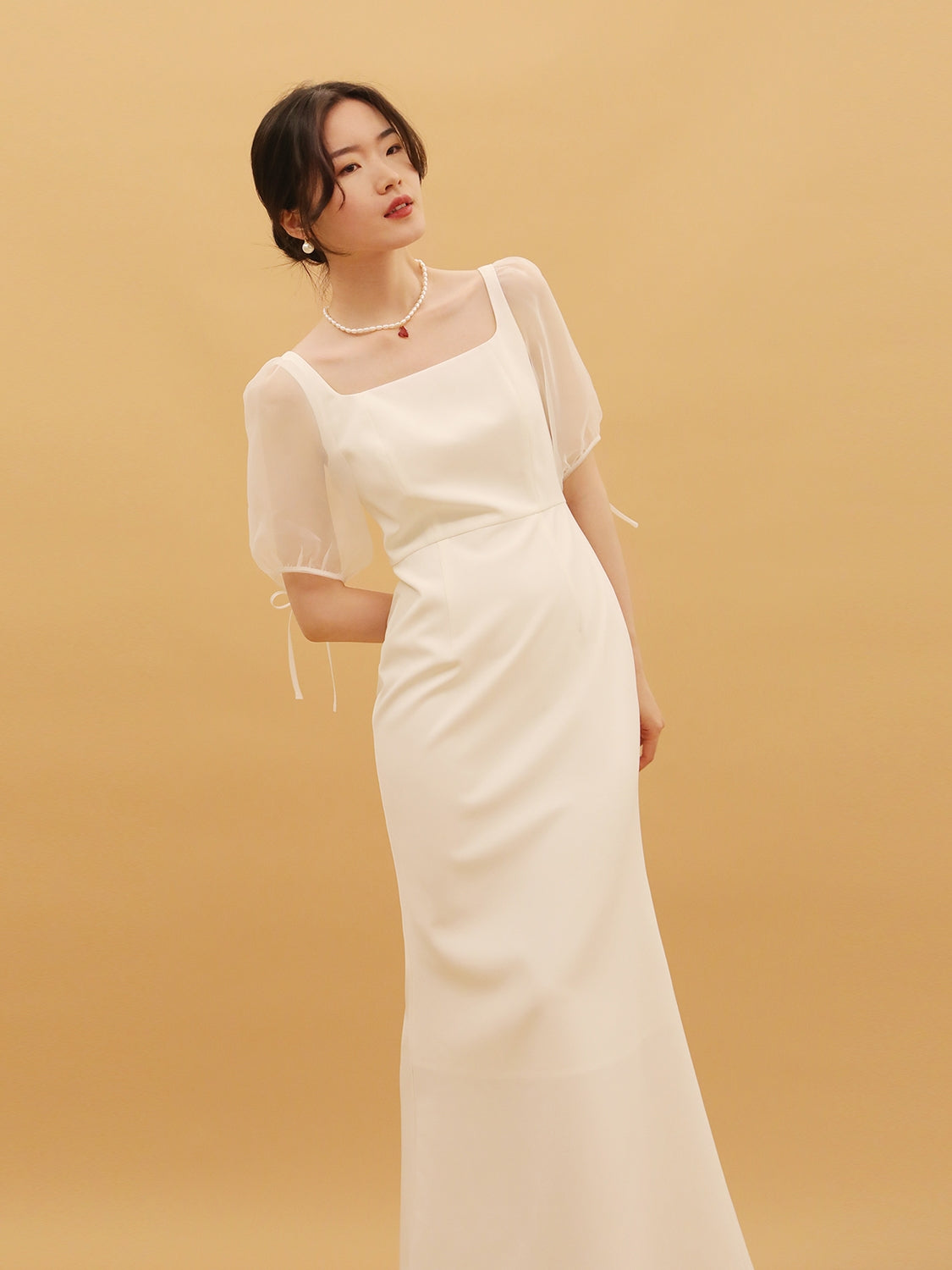 Mesh Bubble Sleeve Slimming High Waisted Fishtail Skirt