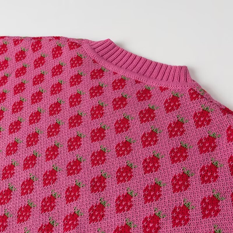 Stylish Minimalist Versatile Strawberry Jacquard Knit Sweater