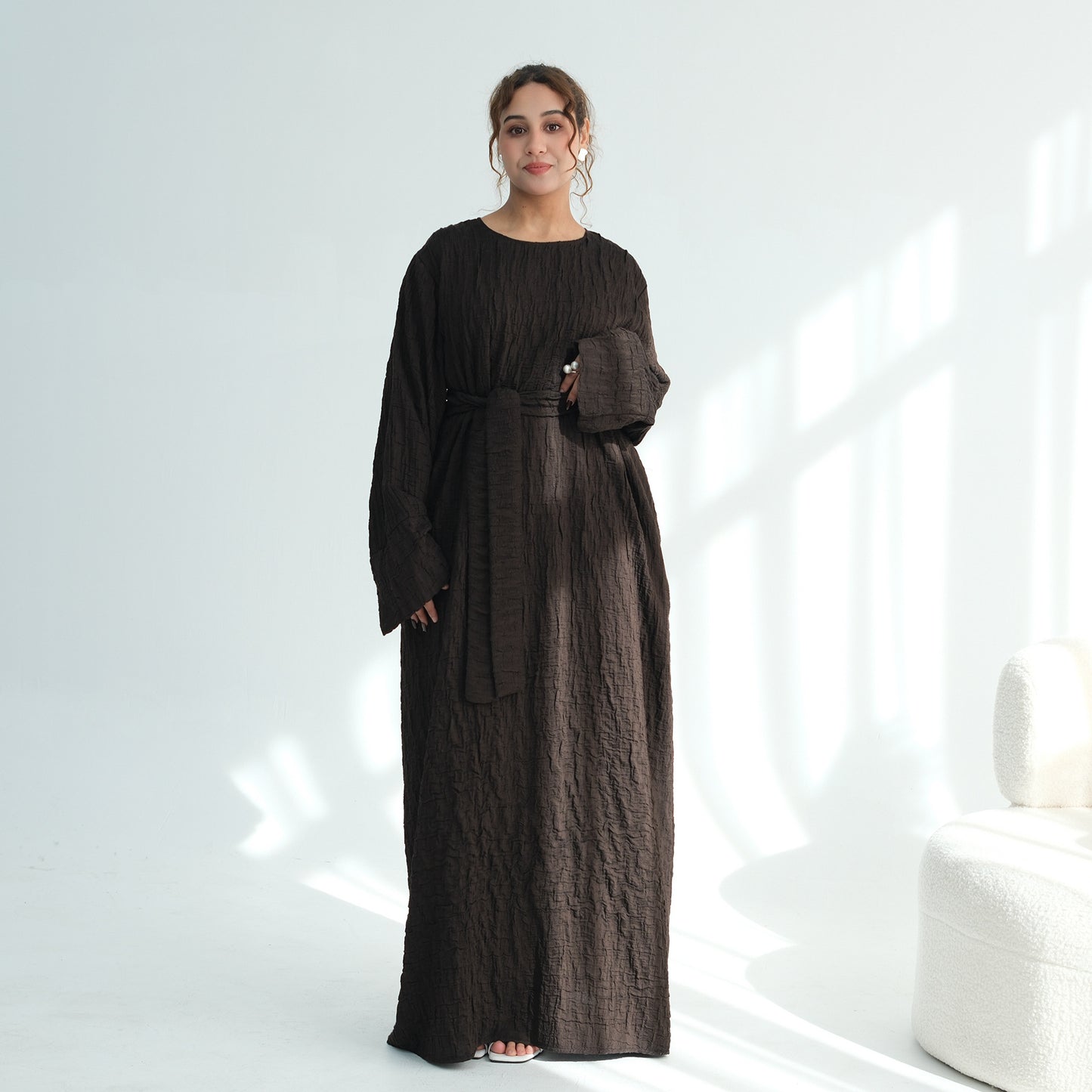 Womens Textured Dress With A Belt, Long Robe Style
