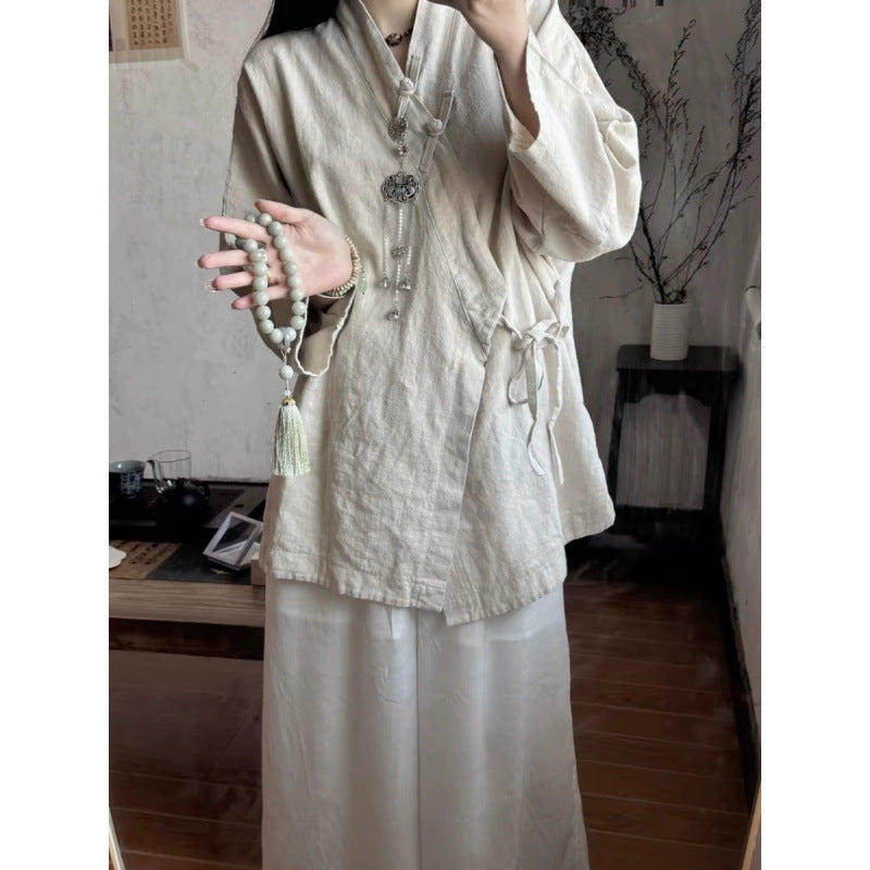 New Chinese-style Zen Tea Clothing With Tie-up Top In Cotton And Linen
