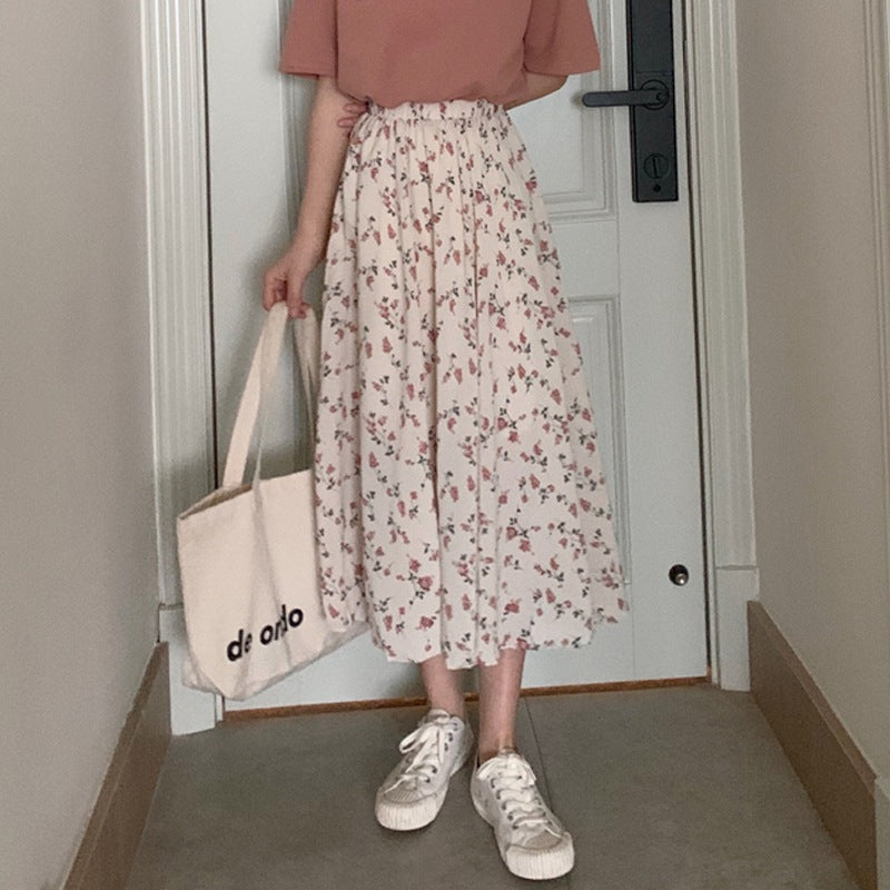Floral New Fresh High Waist Slimming Korean-style Midi A- Line Skirt