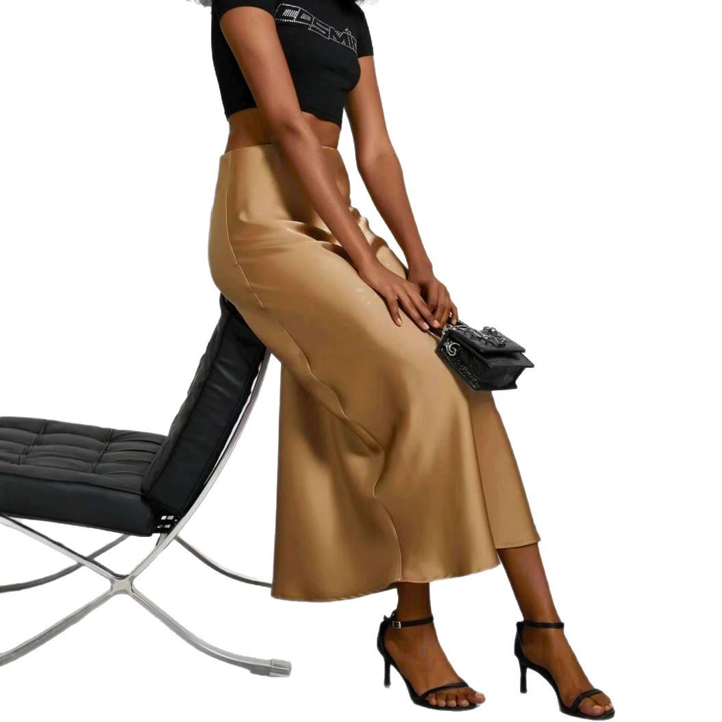 Dame Slim Fit Satin Nederdel Mode Smart Ensfarvet Lang Nederdel