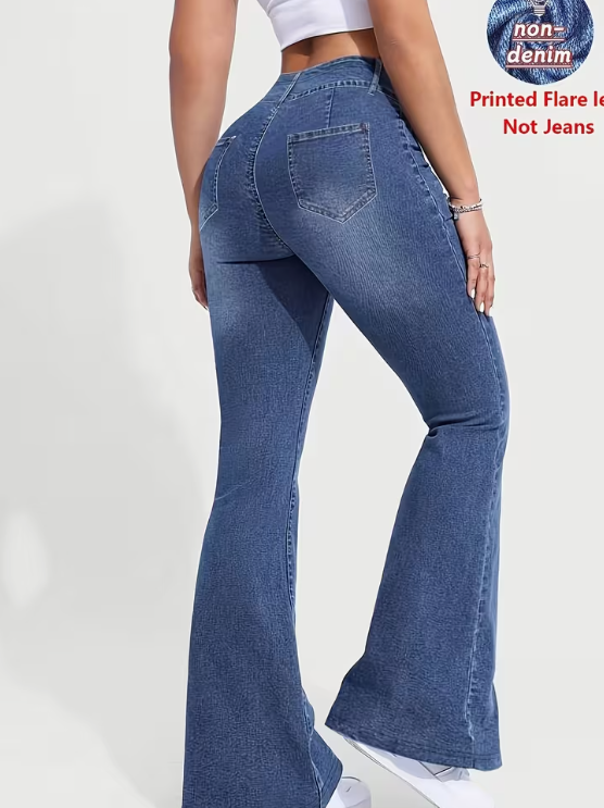 Women's Imitation Denim Print Flare Pants Fake Bow