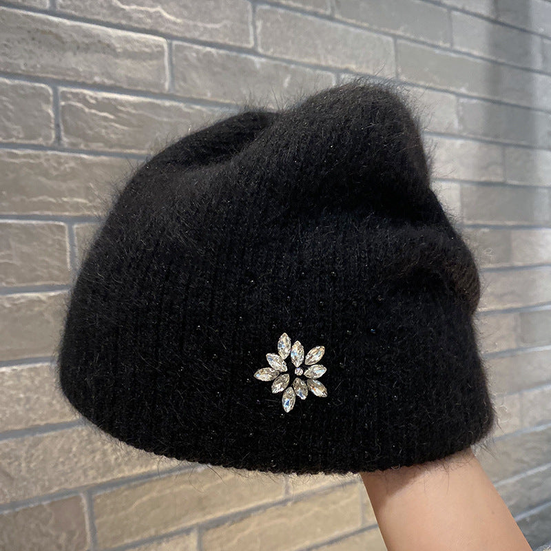 Women's Rabbit Hair Knitted Hat Thickened Warm Rhinestone Flowers