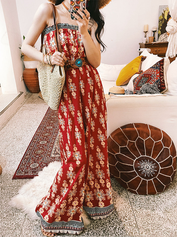 High Waist Mopping Red Jumpsuit Suit Women's Tube Top Wide Leg Pants
