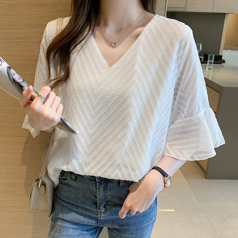 Women's Summer White Chiffon Short Sleeve Shirt