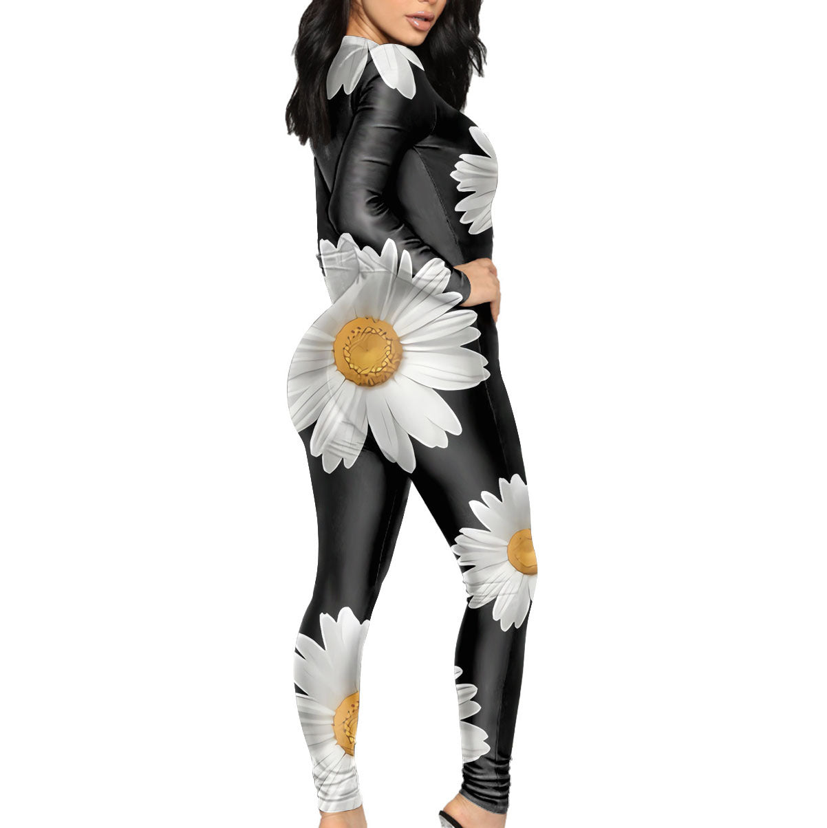 Women's Sunflower Printed Tight V-neck Jumpsuit