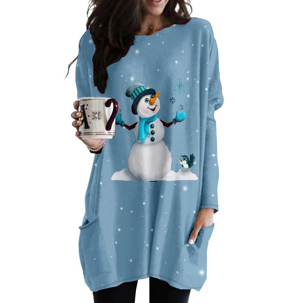 Printed Round Neck Long Sleeve Women's Bag Hip Dress