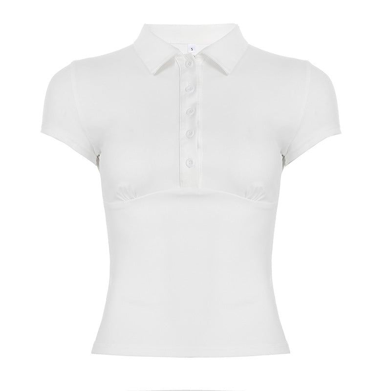 Solid Color Simple Single Row Button Slim Pullover Short Sleeve