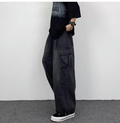 Niche Design Women's Retro Loose Patch Pocket Workwear Denim Jeans