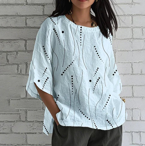 Comstylish Loose Linen Blend T-Shirt With Geometric Art Print