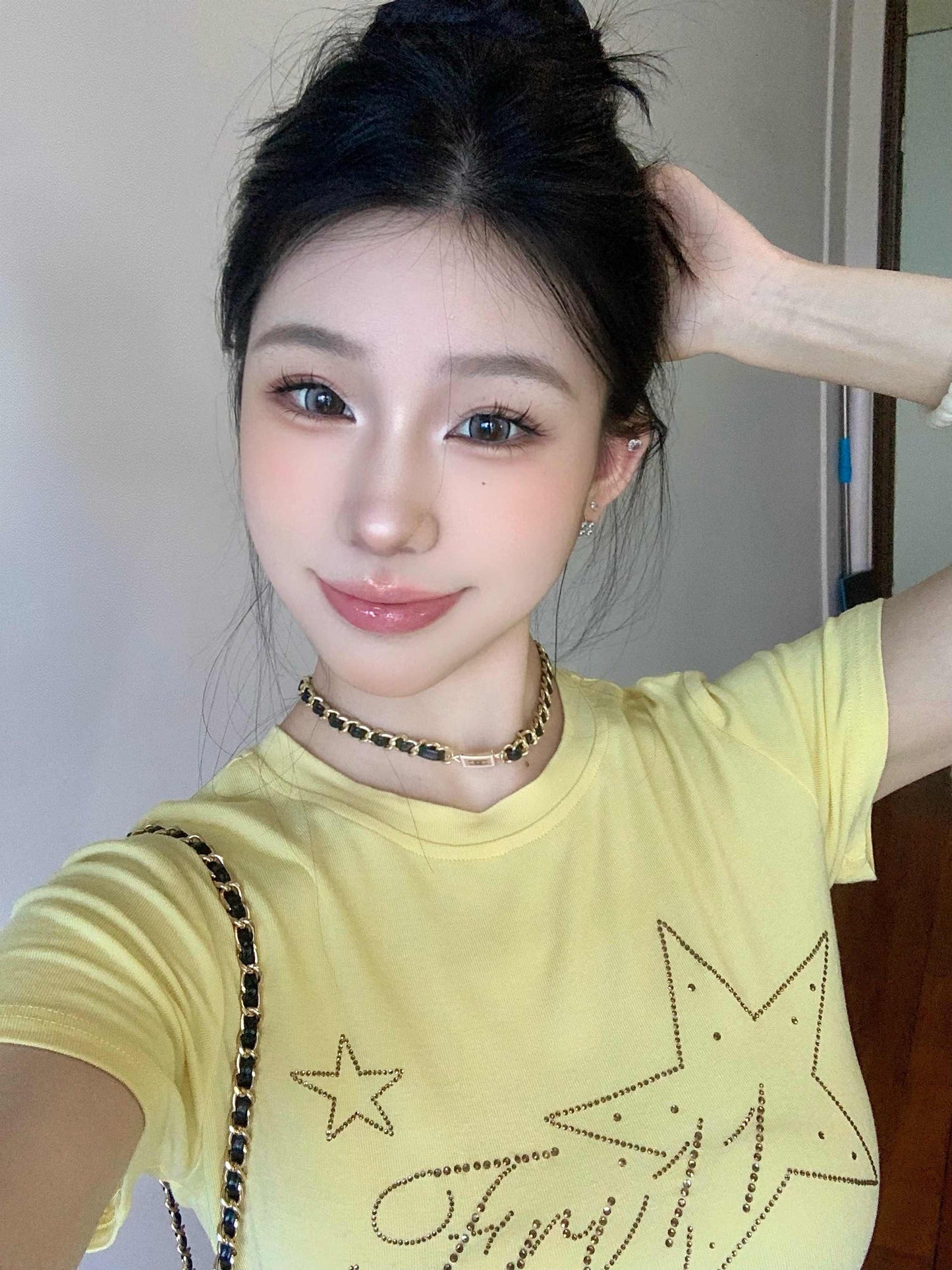 Yellow Shoulder Rhinestone T-shirt Short Sleeve Women's Short Top