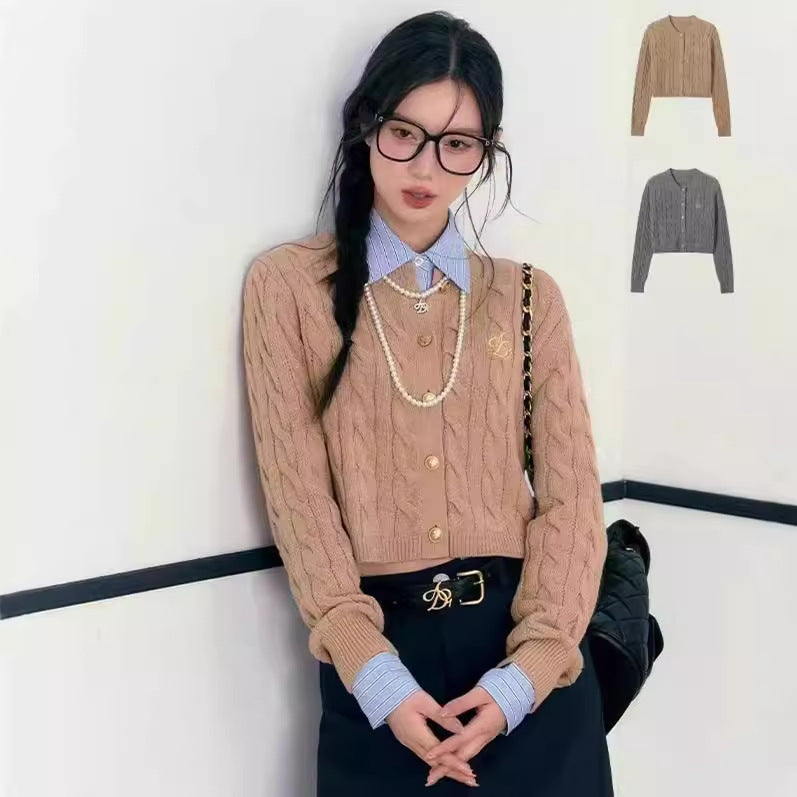 Short Knitted Women's Embroidery Preppy Style Cardigan Top