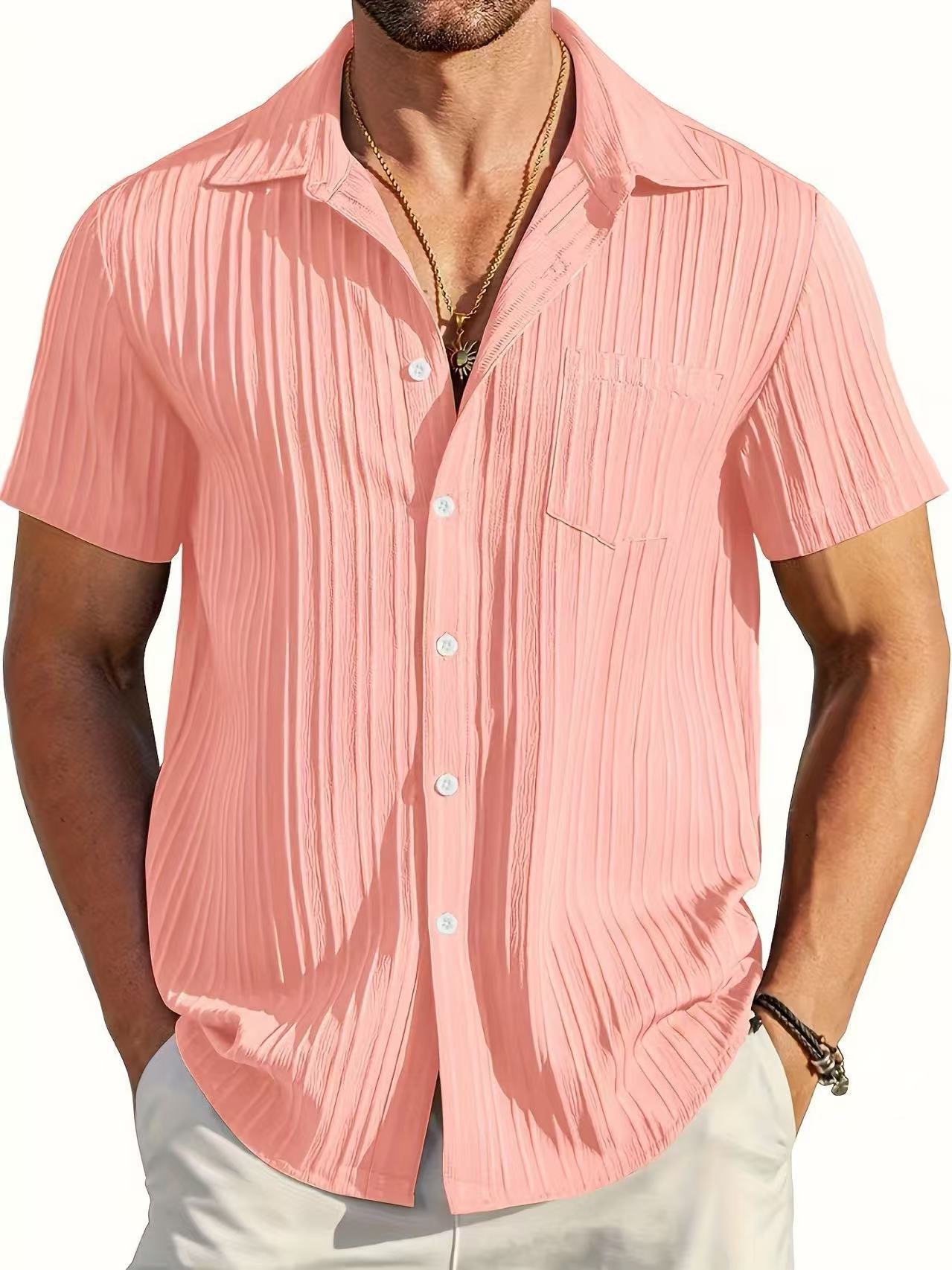 Polo Collar Solid Color Short Sleeve Button Shirt Men's Shirt