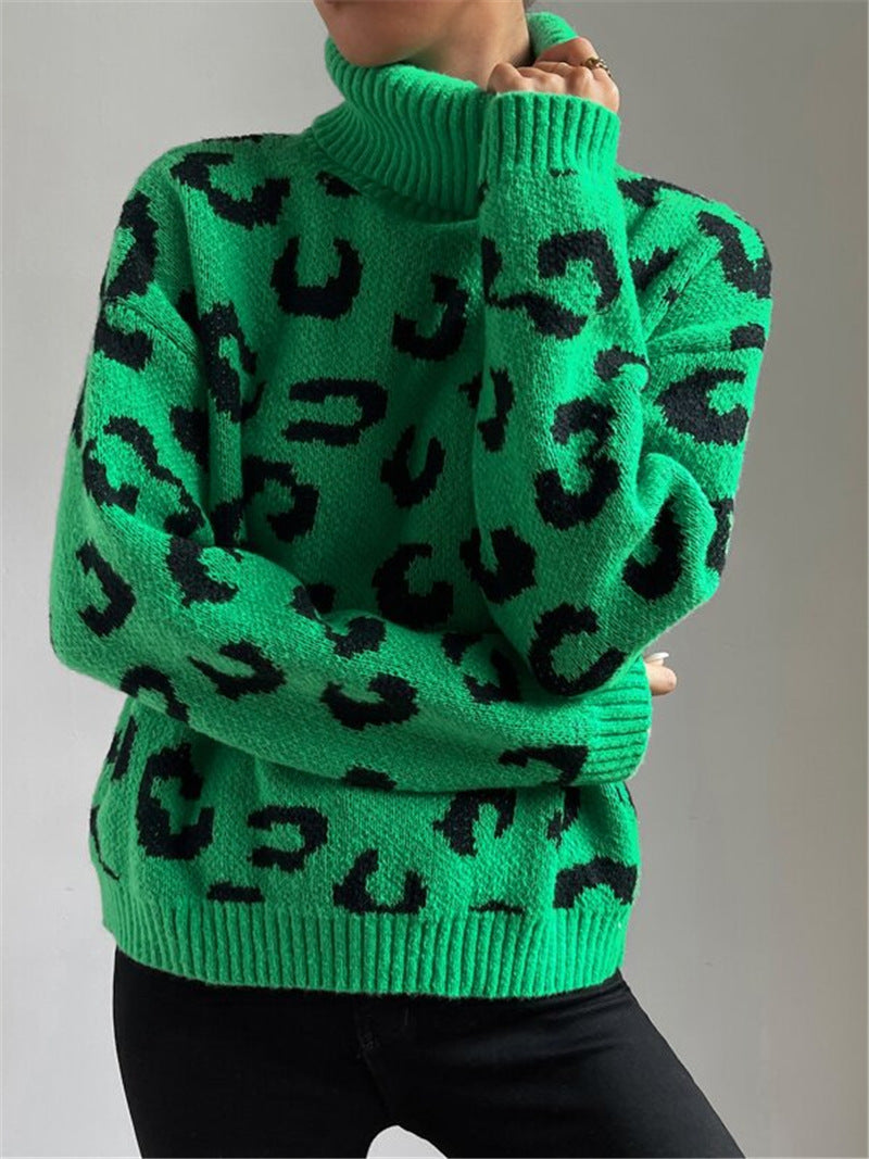 Fallwinter High-neck Pullover Knitted Leopard-print Sweater