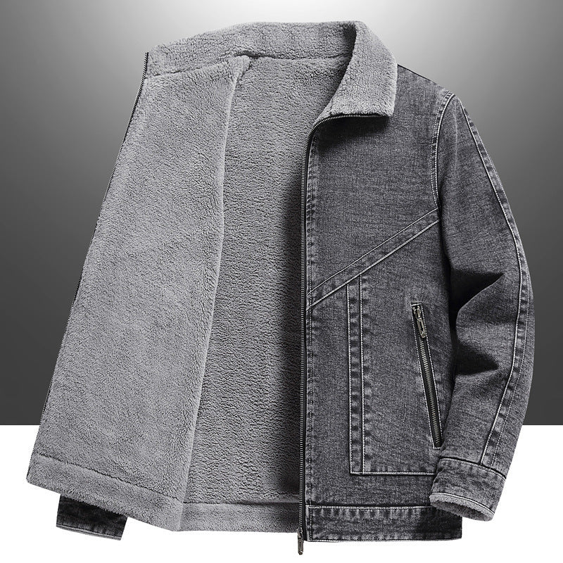 Denim Men's Fleece-lined Thickened Korean Style Lapel Youth Casual Jacket