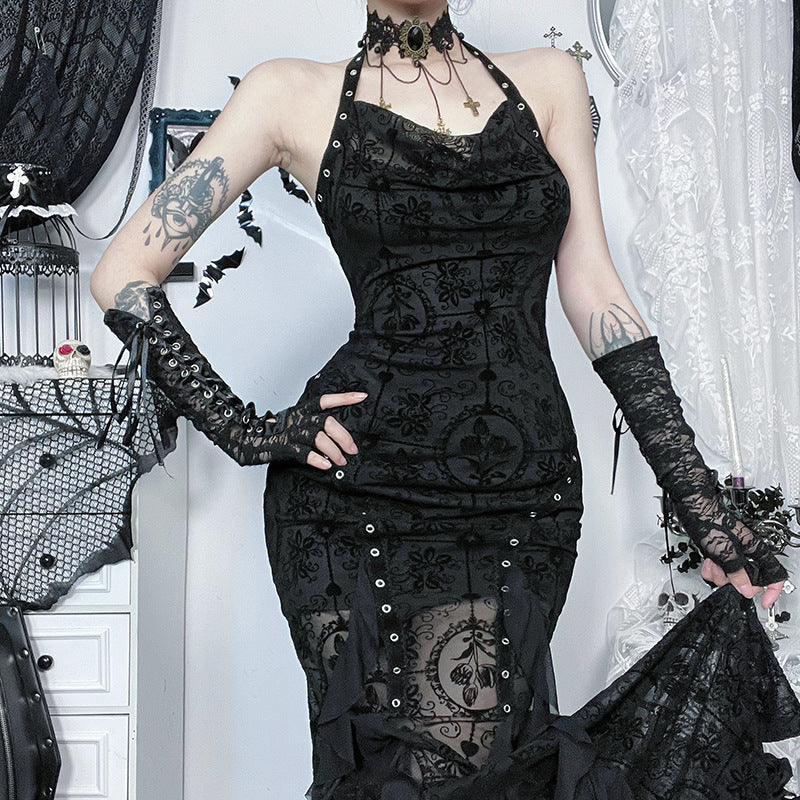 Dark Gothic Flocked Off-Shoulder Slip Maxi Sexy Bodycon Slip Dress