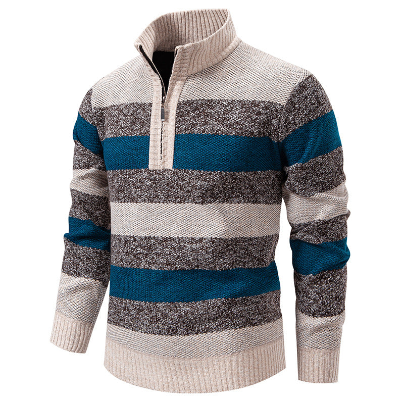 Herre Color-Block Termisk Sweater Med Stand-Up Krave Og Halv Lynlås, Fleeceforet