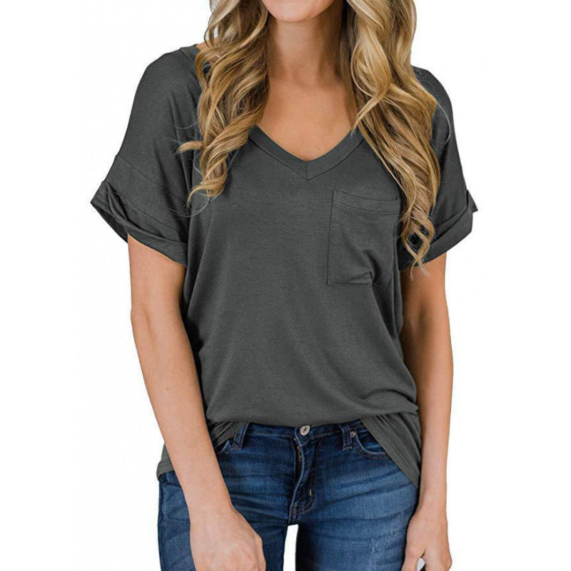 Spring Summer V Neck Pocket T Shirt