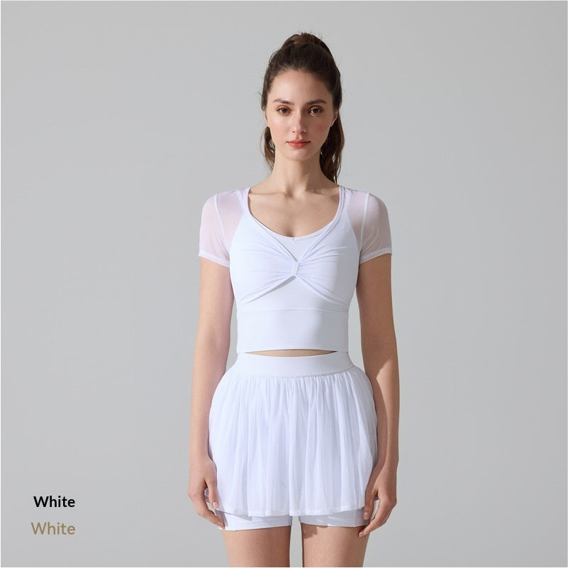 High-Density Mesh Yoga Set TennisBadmintonFitness Sports Skirt RunningPilates Short-Sleeve Top