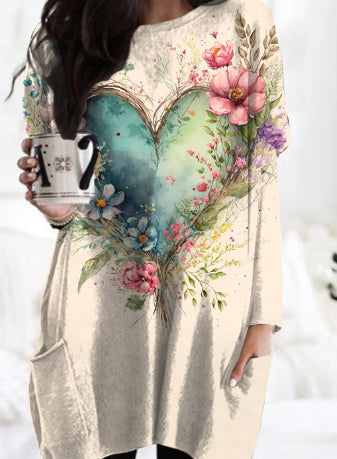 Picasso-style Casual Mid-length Loose-fitting Womens Dress With A Crew Neck
