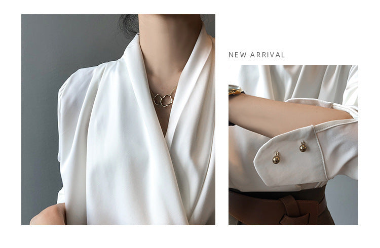 Women's French Elegant Long Sleeve Satin V-neck Shirt