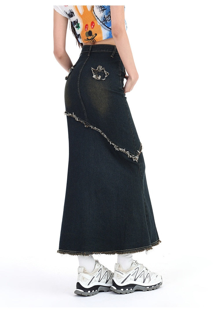 Retro Hot Girl High Waist Stretch A- Line Denim Skirt Women's Mid-length