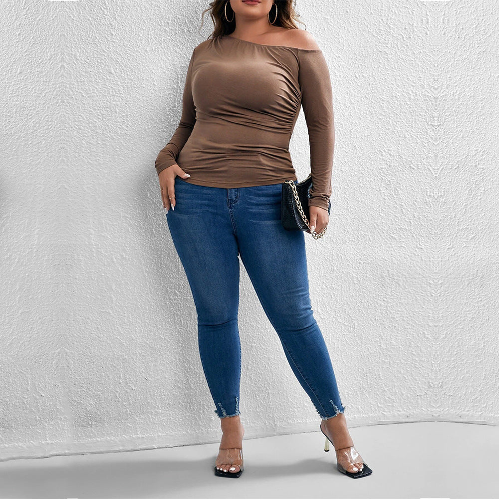Dame Slim-fit Sexet Off-shoulder Strikket Top med Skrå Krave og Lange Ærmer