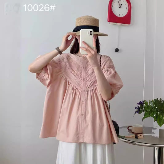 Solid Color Lace Round Neck Younger Short Sleeve Shirt Top