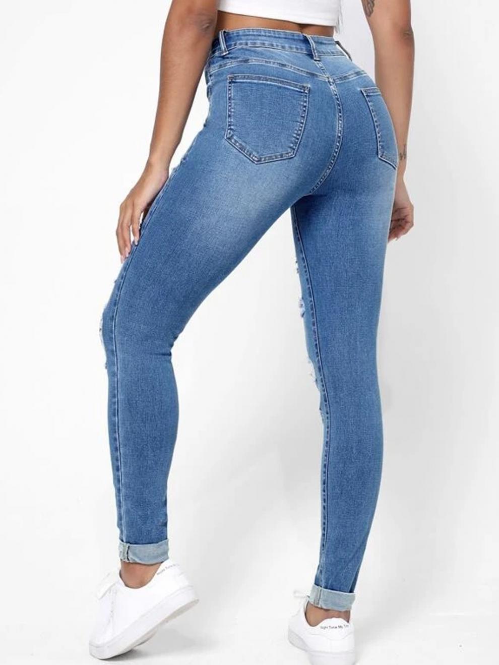 Skindbukser til damer med høj talje, slim fit, slankende huller, skinny bukser