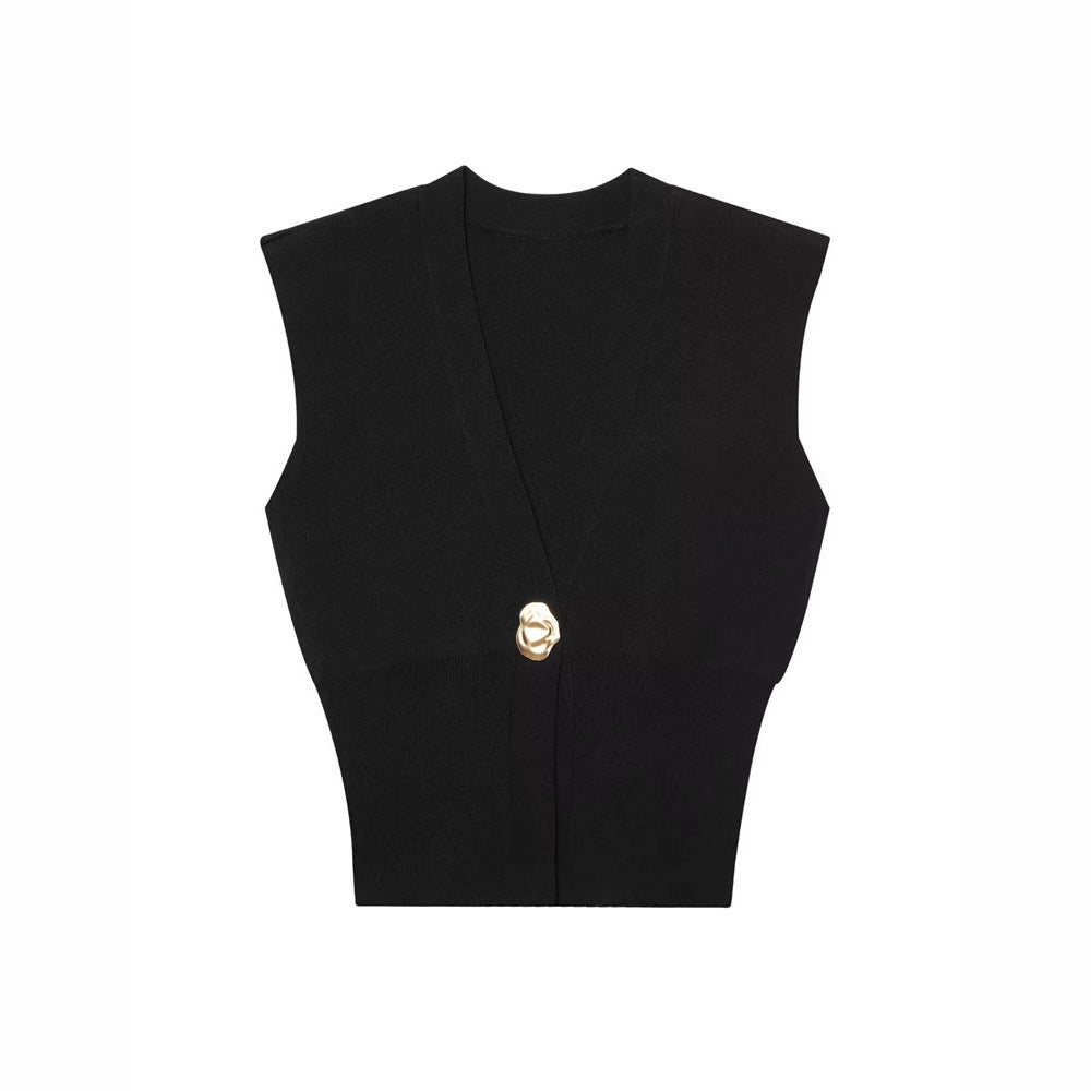V-neck Knitted Vest Top With One Button