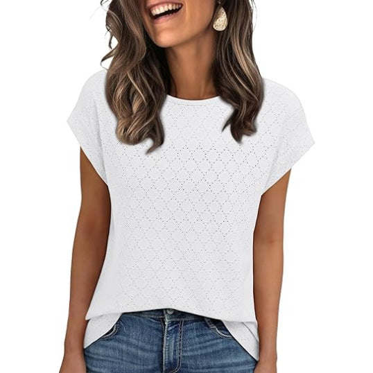 Women Top Eyelet Cap Sleeve Summer Jacquard Round Neck Short Sleeve