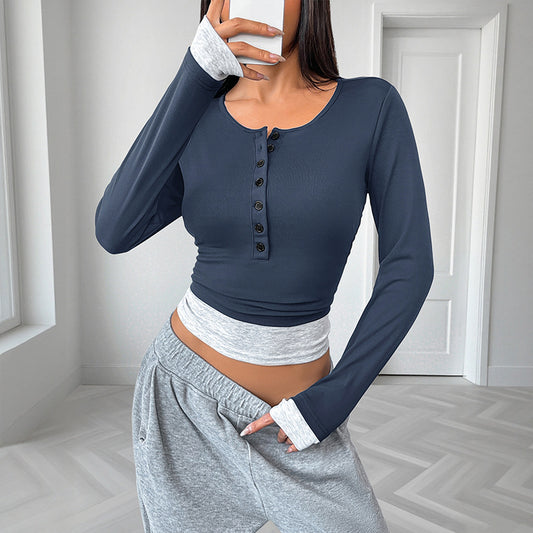 Casual Laid-back Style Round Neck Slim-fit Assorted Colors Fake Two-piece Long-sleeved Top For Women