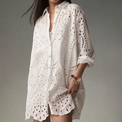 Casual Daily Solid Color Hollow Buckle Lapel Shirt