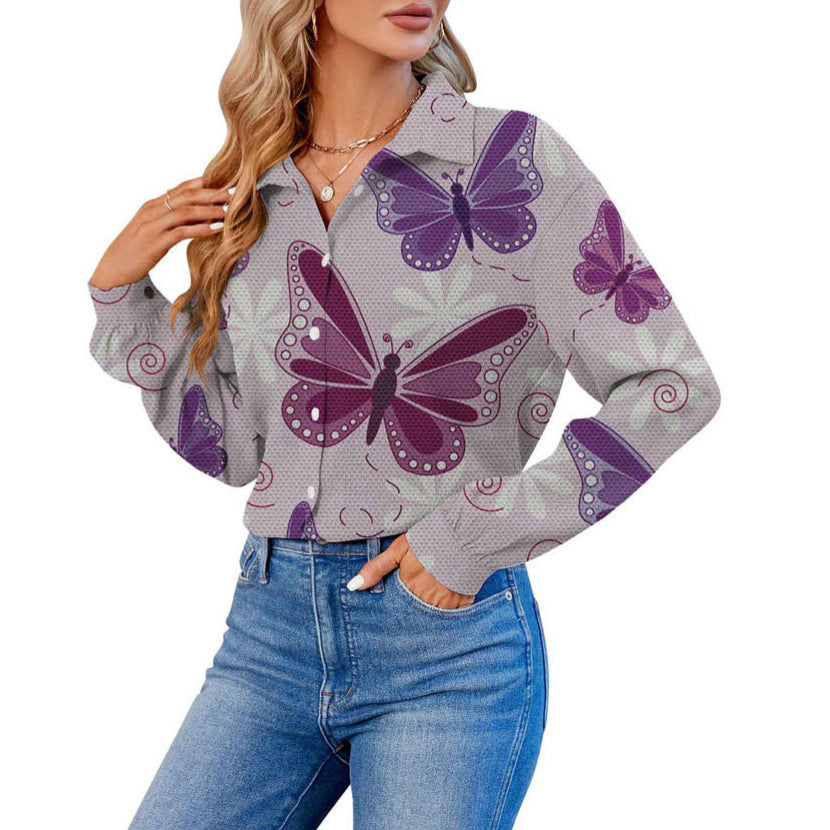Women's 3D Printed Fashionable Long-sleeved Lapel Shirt