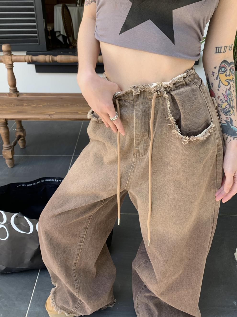 Straight High Waisted Drawstring Wide Leg Pants