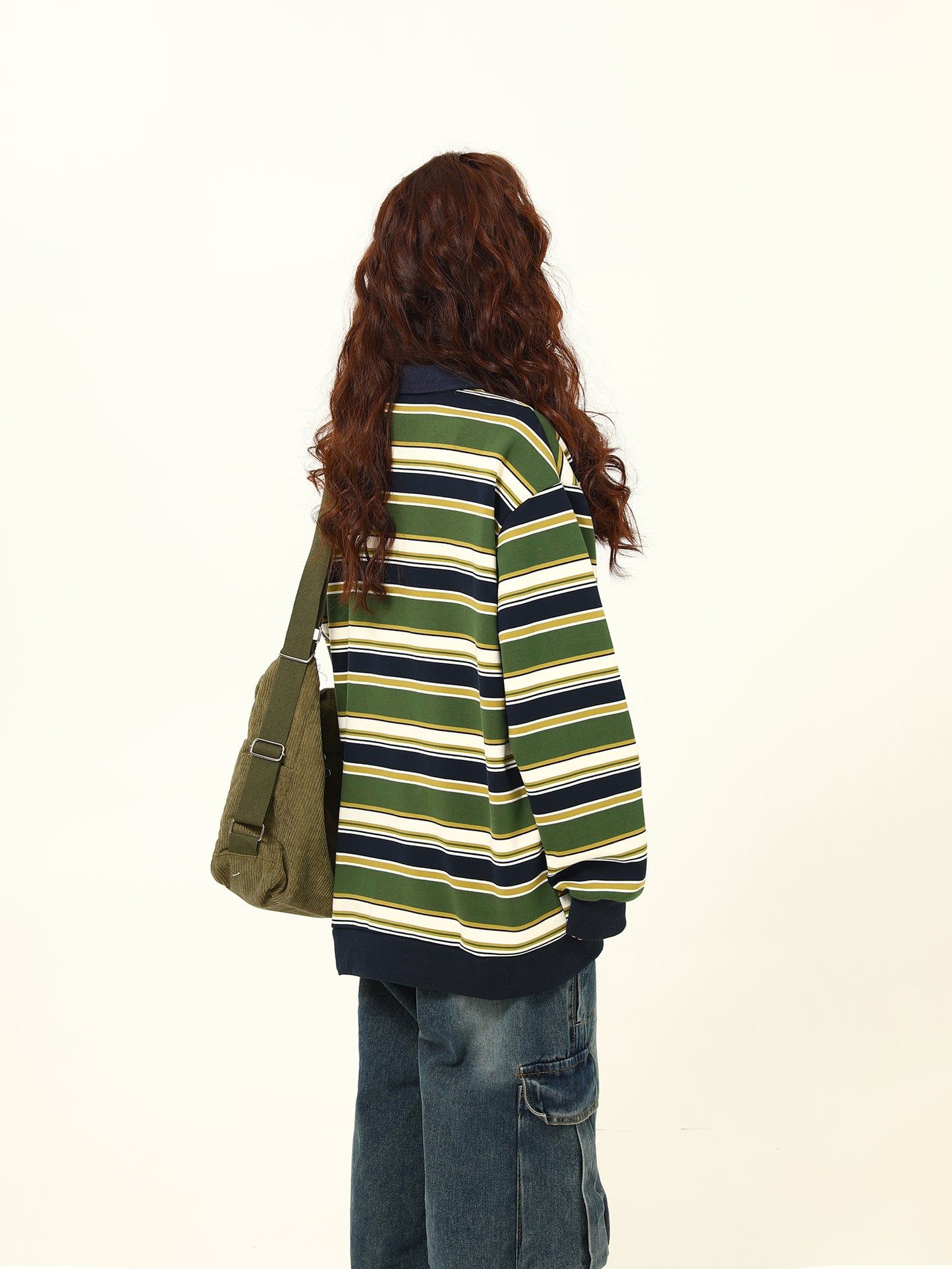 Vintage Matcha Green Striped Sweater Polo Collar Jacket
