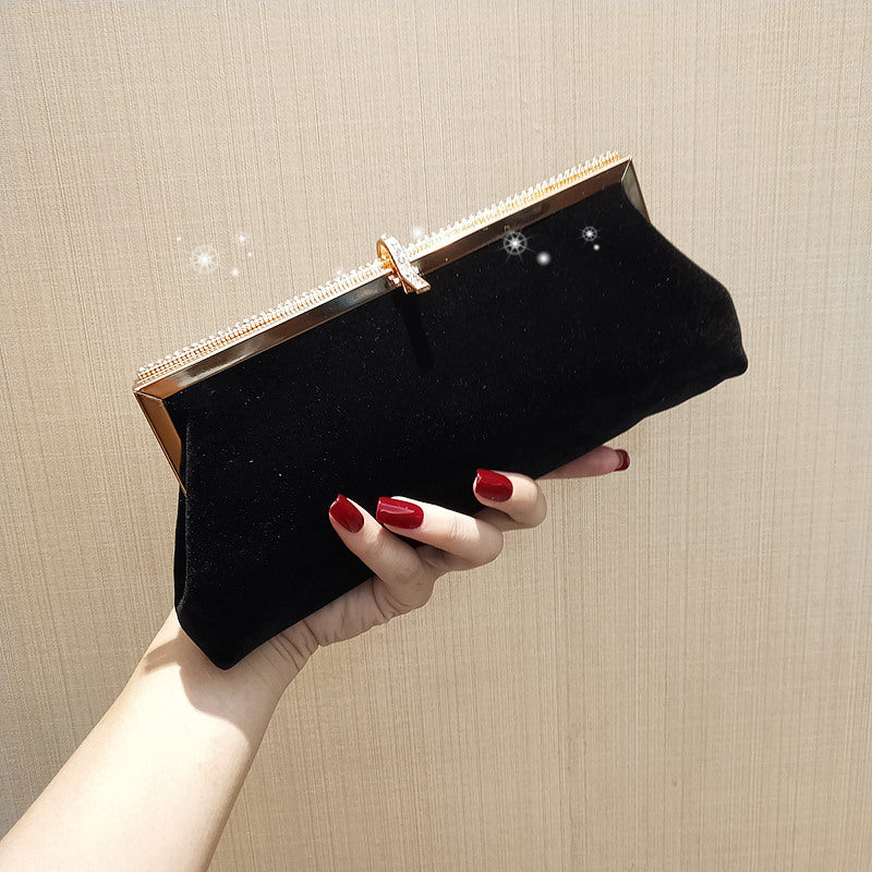 Black Clutch Bag With Diamond Velvet One Shoulder Diagonal