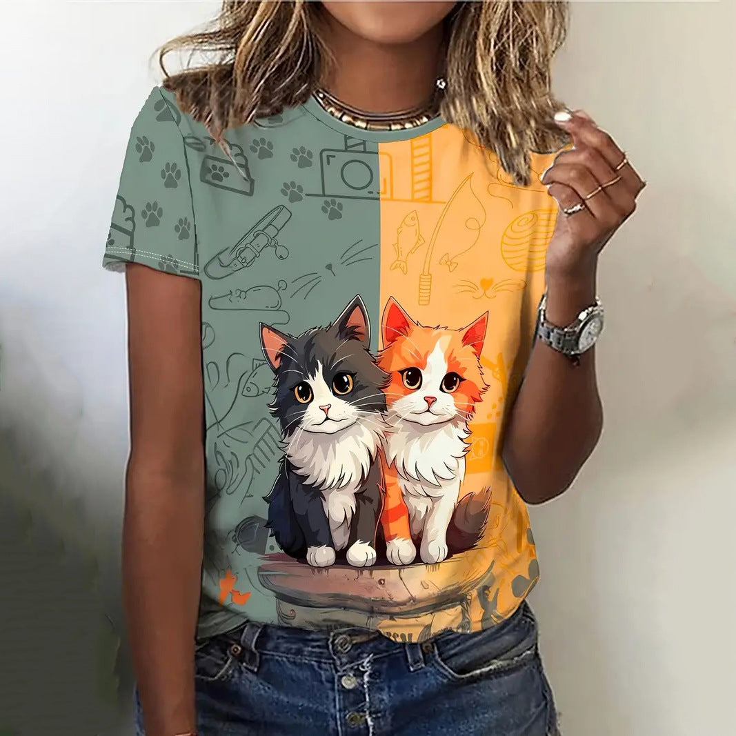 Digital-print Casual Short-sleeve Streetwear Womens Loose-fitting T-shirt