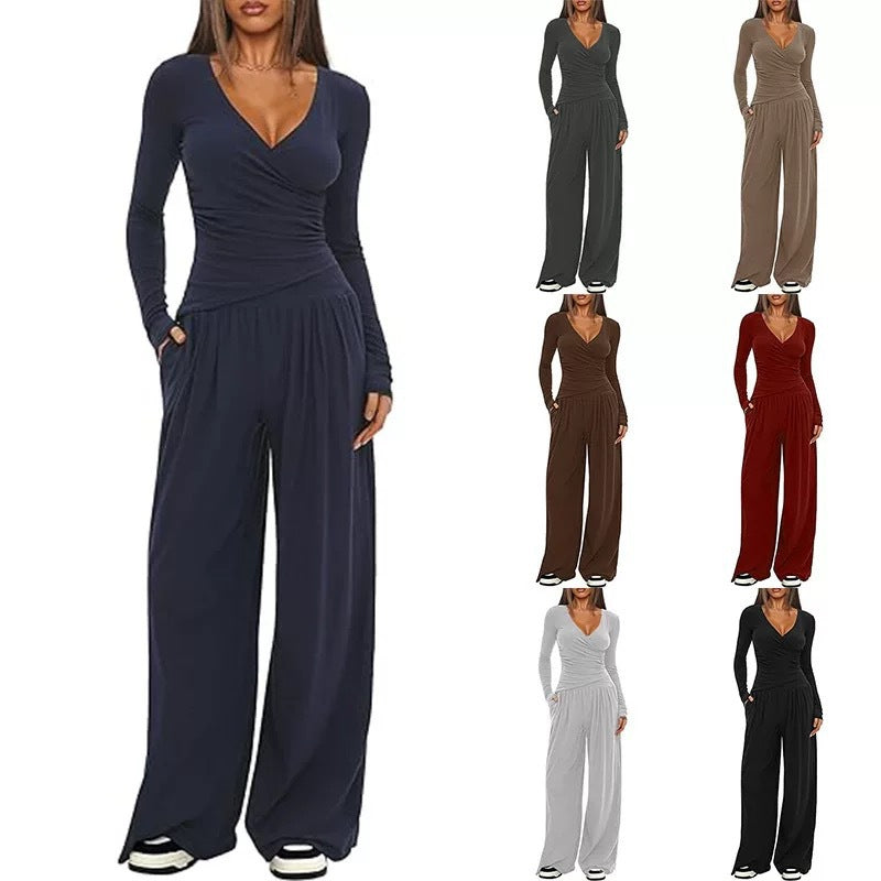 Women's V Neck Long-sleeve Sportswear Top And Wide-leg Pants Set Casual Comfortable Outfit Set For Daily Wear Gym Sports Outfit 2 Pieces