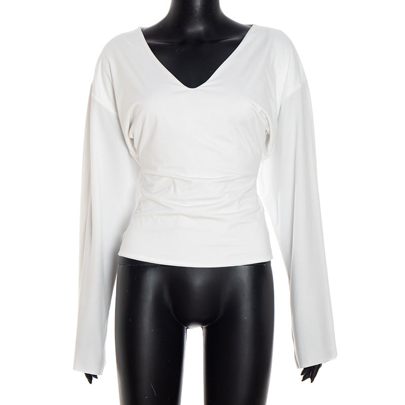 Summer And Autumn New Solid Color And V-neck Flared Long Sleeve Slim Fit