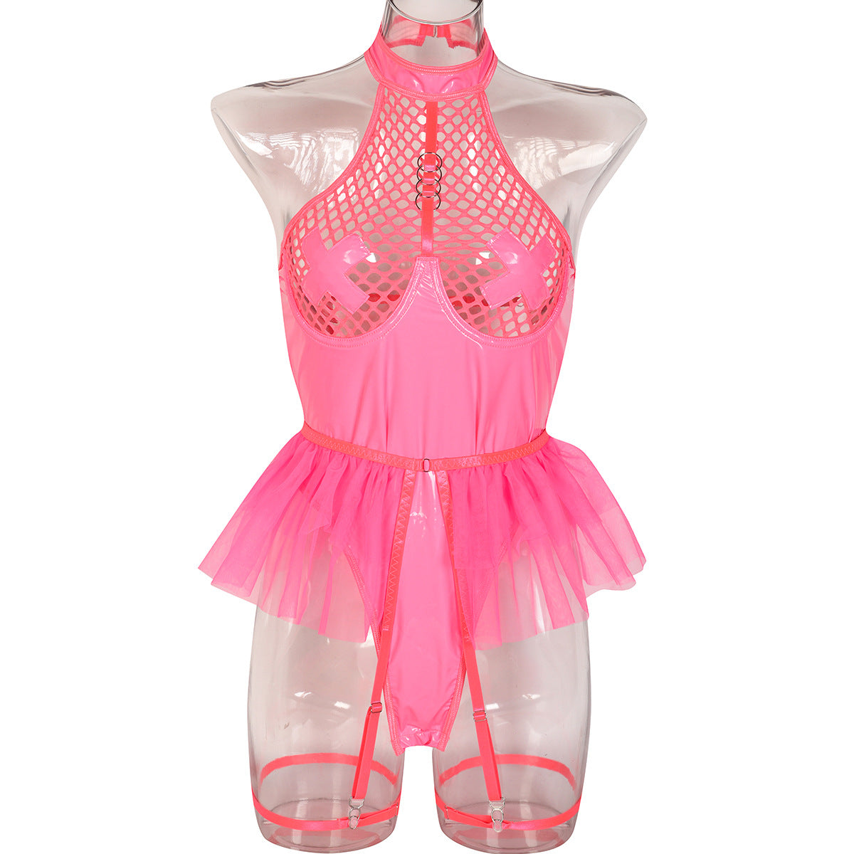 PU Patent Leather Large Grid Cross Jumpsuit