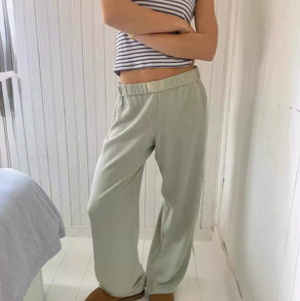 Vertical Stripes Stitching Waist Elastic Wide Leg Pants Fake Two Pieces