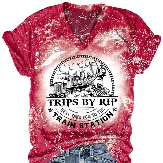 Europe And America Printed T-shirt Pullover Short Sleeve V-neck Top