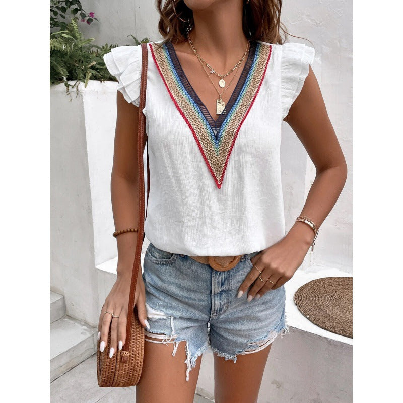 Vintage Shirt Women's Deep V Lace Hollow-out Short-sleeved Top
